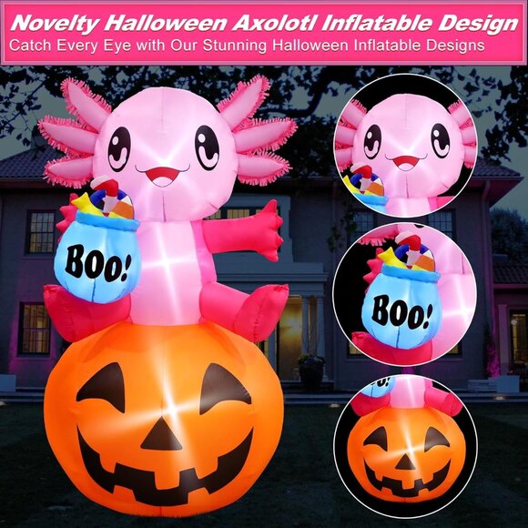 Halloween Inflatable Axolotl with Pumpkin and LED Lights for Outdoor Yard Decor - Picture 5 of 6